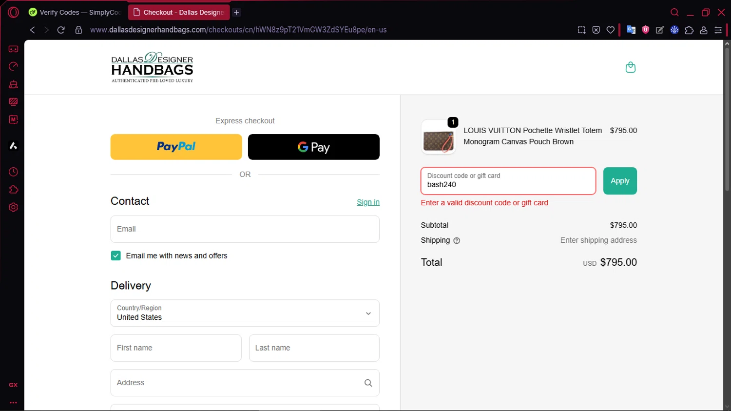 Dallas Designer Handbags promo code screenshot showing code bash240 applied at Dallas Designer Handbags checkout page. Uploaded by SimplyCodes community member TOLUENO on Feb 20, 2026