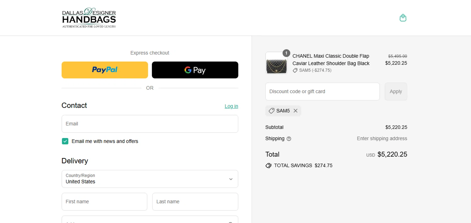 Dallas Designer Handbags coupon code screenshot showing code SAM5 applied at Dallas Designer Handbags checkout page. Uploaded by SimplyCodes community member juanisaac on Aug 10, 2025