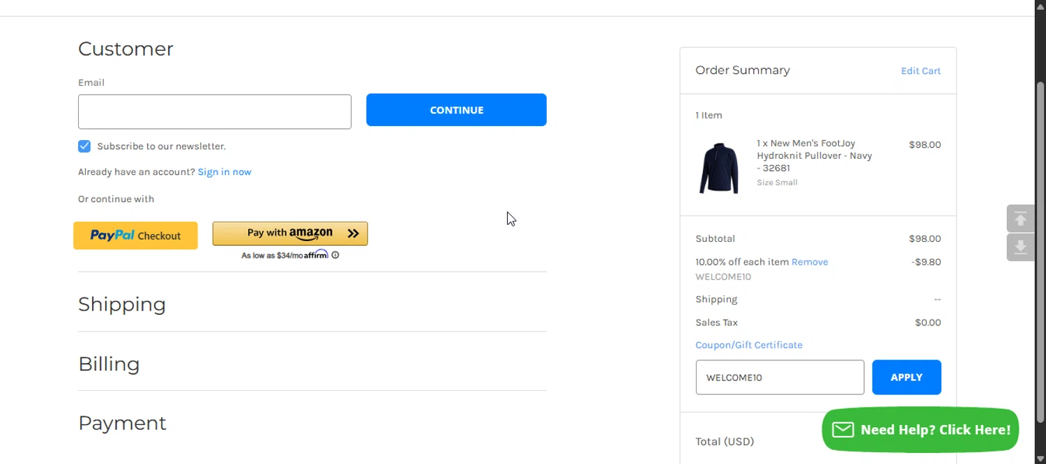 DallasGolf.com coupon code screenshot showing code WELCOME10 applied at DallasGolf.com checkout page. Uploaded by SimplyCodes community member 111111 on Oct 30, 2025