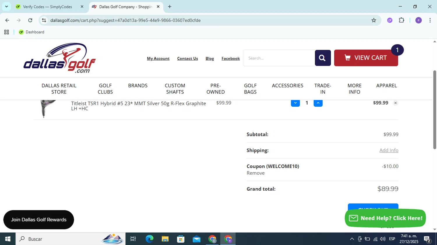 DallasGolf.com coupon code screenshot showing code WELCOME10 applied at DallasGolf.com checkout page. Uploaded by SimplyCodes community member Esteban14 on Dec 27, 2025
