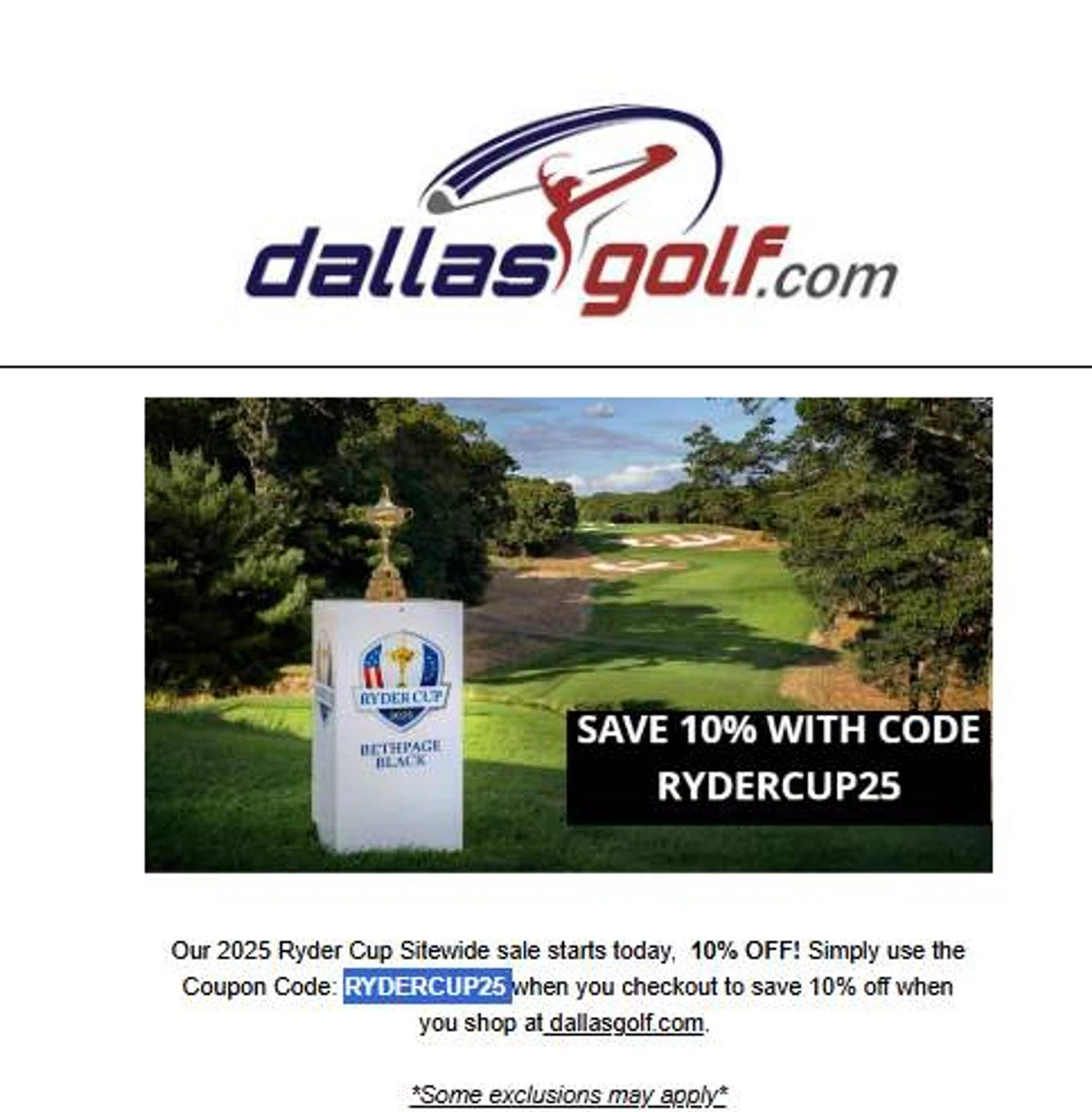 DallasGolf.com coupon code screenshot showing code RYDERCUP25 applied at DallasGolf.com checkout page. Uploaded by SimplyCodes community member stygian1 on Sep 25, 2025