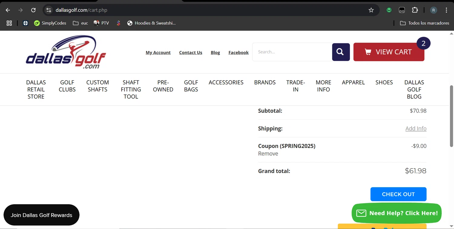 DallasGolf.com checkout page showing DallasGolf.com coupon code box | Screenshot taken by SimplyCodes community member on Mar 31, 2025