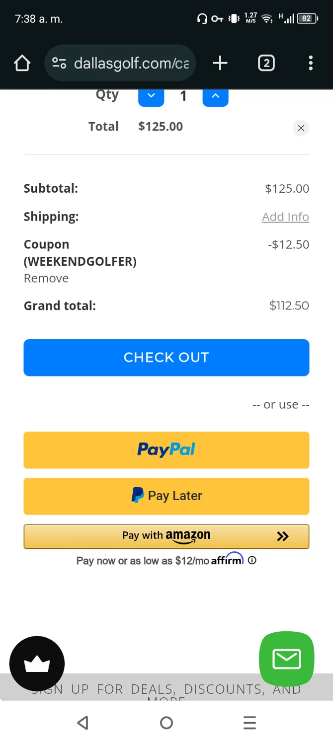 DallasGolf.com checkout page showing DallasGolf.com coupon code box | Screenshot taken by SimplyCodes community member on Apr 11, 2025