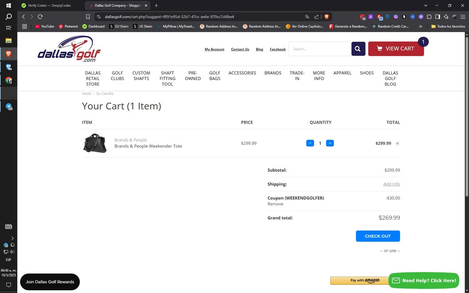 DallasGolf.com checkout page showing DallasGolf.com coupon code box | Screenshot taken by SimplyCodes community member on May 10, 2025