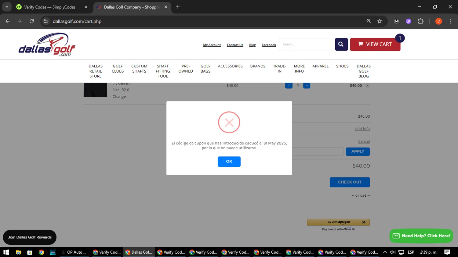 DallasGolf.com coupon code screenshot showing code THANKYOU2025 applied at DallasGolf.com checkout page. Uploaded by SimplyCodes community member NatanaelCano on Jun 22, 2025
