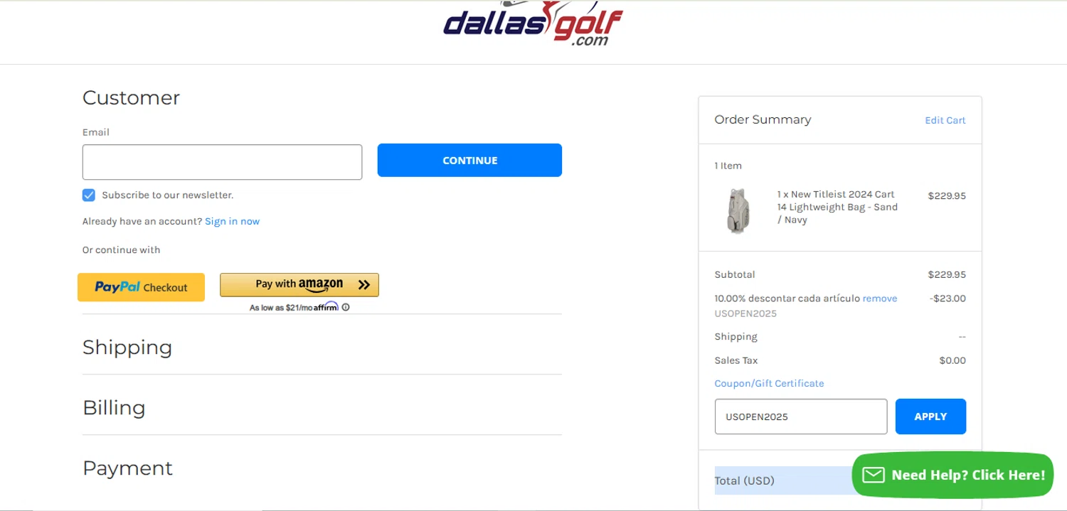DallasGolf.com checkout page showing DallasGolf.com coupon code box | Screenshot taken by SimplyCodes community member on Jun 11, 2025