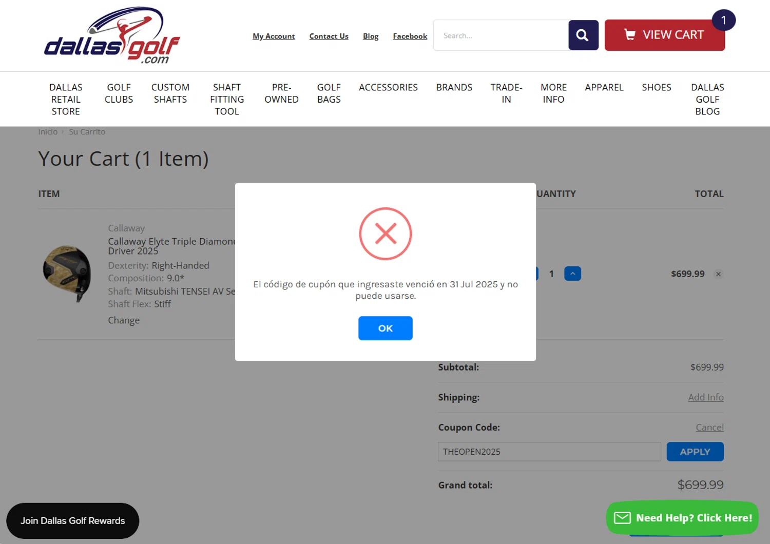 DallasGolf.com coupon code screenshot showing code THEOPEN2025 applied at DallasGolf.com checkout page. Uploaded by SimplyCodes community member BargainSaver8204 on Aug 14, 2025