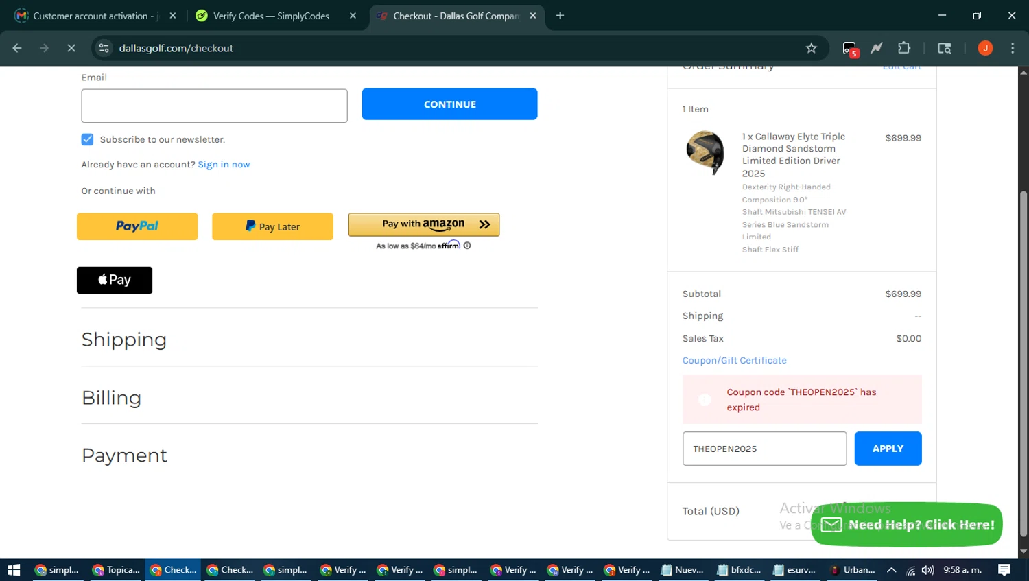 DallasGolf.com coupon code screenshot showing code THEOPEN2025 applied at DallasGolf.com checkout page. Uploaded by SimplyCodes community member NobleAce2304 on Aug 14, 2025