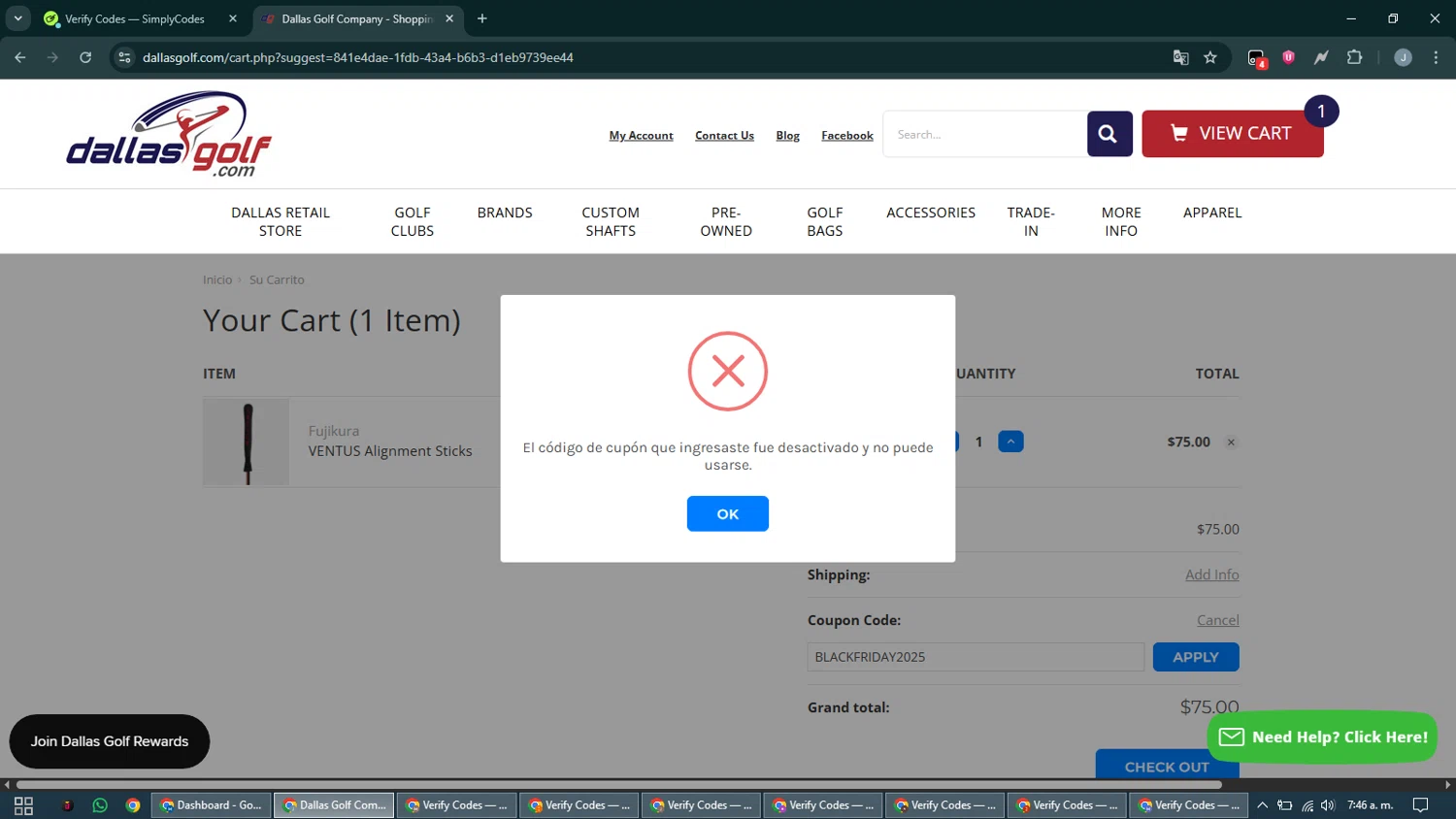 DallasGolf.com coupon code screenshot showing code BLACKFRIDAY2025 applied at DallasGolf.com checkout page. Uploaded by SimplyCodes community member CashShopper1214 on Dec 19, 2025