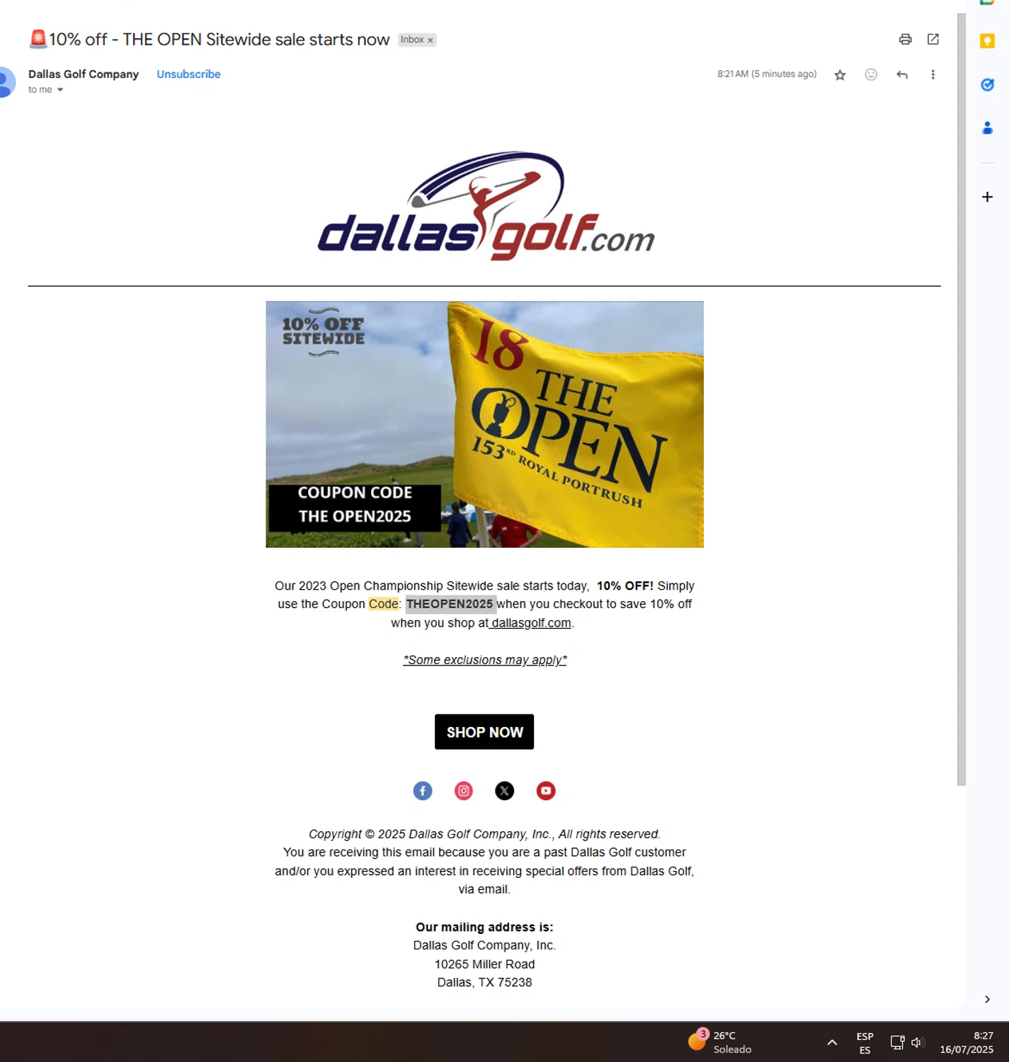DallasGolf.com coupon code screenshot showing code THEOPEN2025 applied at DallasGolf.com checkout page. Uploaded by SimplyCodes community member UnkNownVnzla on Jul 16, 2025