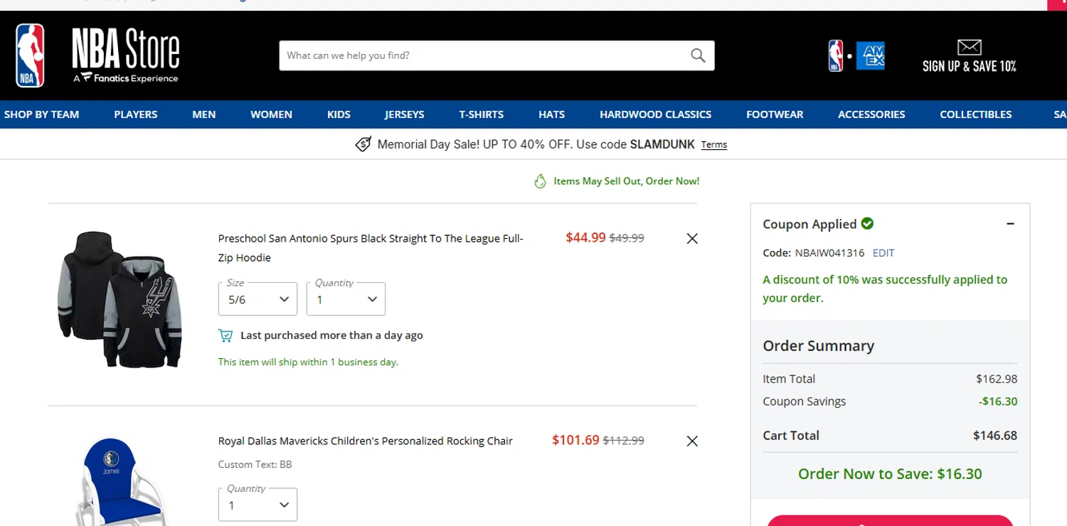 Dallas Mavericks promo code screenshot showing code NBAIW041316 applied at Dallas Mavericks checkout page. Uploaded by SimplyCodes community member CleverMaverick6991 on May 24, 2025