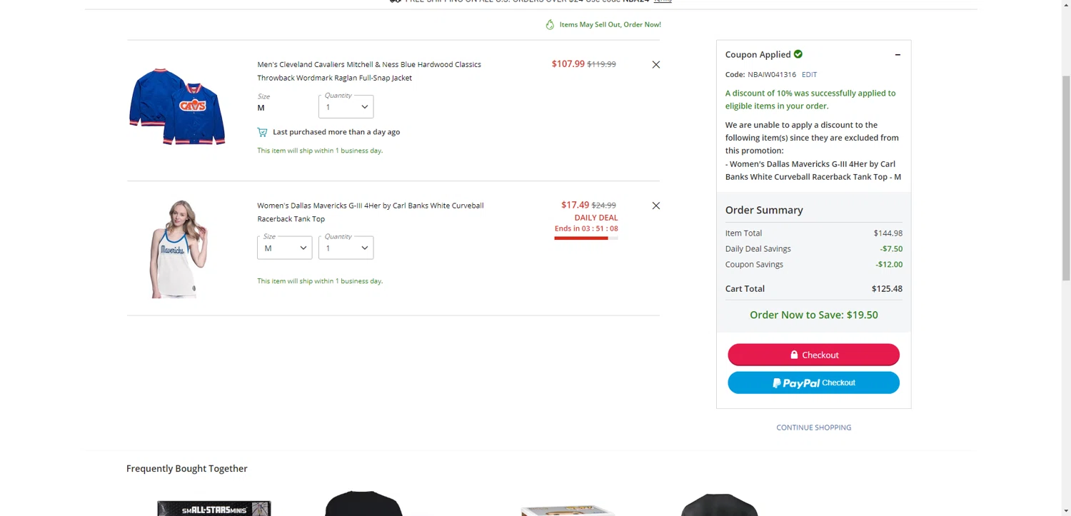 Dallas Mavericks promo code screenshot showing code NBAIW041316 applied at Dallas Mavericks checkout page. Uploaded by SimplyCodes community member ThriftyPhoenix5129 on May 8, 2025