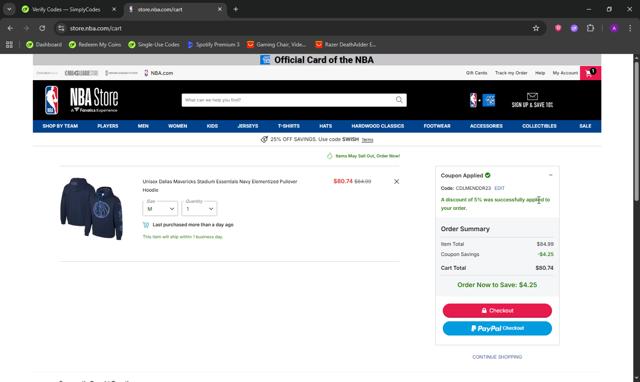 Dallas Mavericks checkout page showing Dallas Mavericks promo code box | Screenshot taken by SimplyCodes community member on Oct 5, 2025