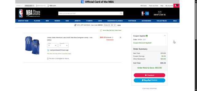 Dallas Mavericks checkout page showing Dallas Mavericks promo code box | Screenshot taken by SimplyCodes community member on Sep 3, 2025