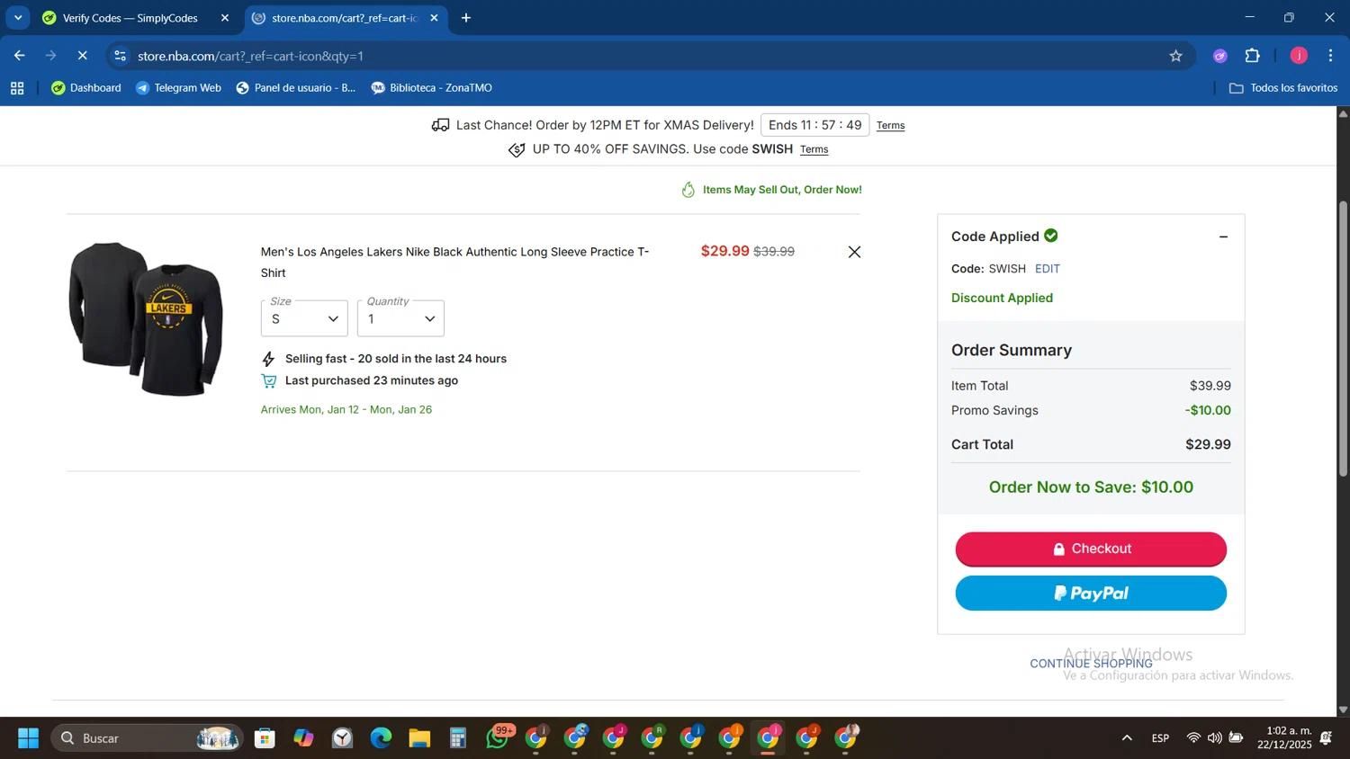 Dallas Mavericks promo code screenshot showing code SWISH applied at Dallas Mavericks checkout page. Uploaded by SimplyCodes community member Tryhard on Dec 22, 2025