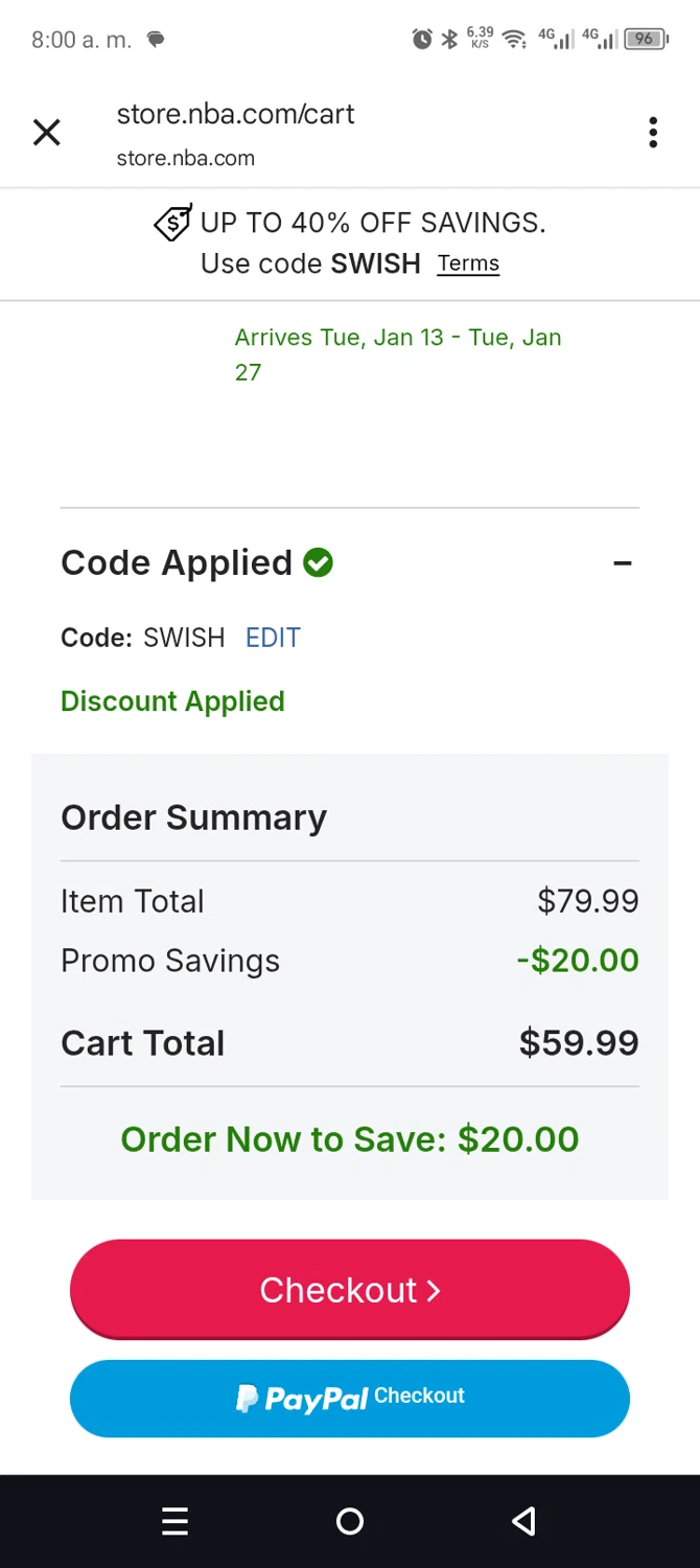 Dallas Mavericks promo code screenshot showing code SWISH applied at Dallas Mavericks checkout page. Uploaded by SimplyCodes community member leiraM on Dec 28, 2025