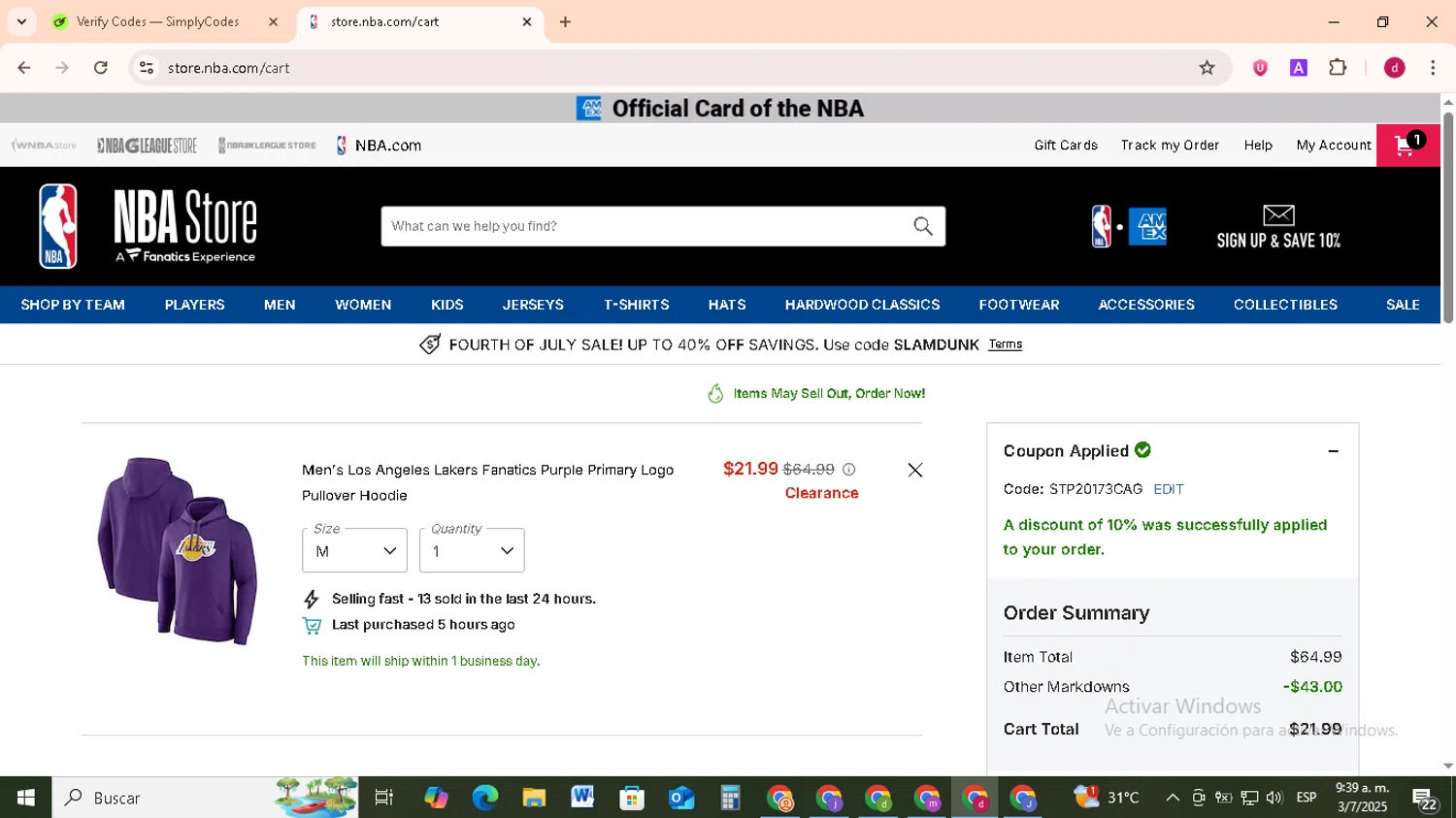 Dallas Mavericks promo code screenshot showing code STP20173CAG applied at Dallas Mavericks checkout page. Uploaded by SimplyCodes community member FrugalMonarch7277 on Jul 3, 2025