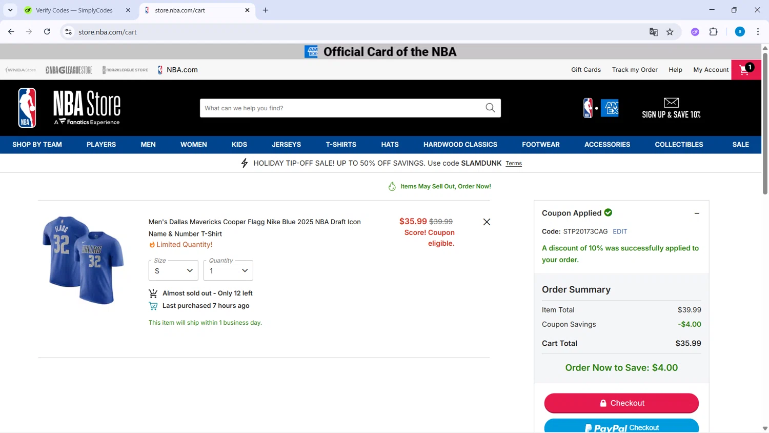 Dallas Mavericks promo code screenshot showing code STP20173CAG applied at Dallas Mavericks checkout page. Uploaded by SimplyCodes community member WiseHawk9255 on Nov 8, 2025