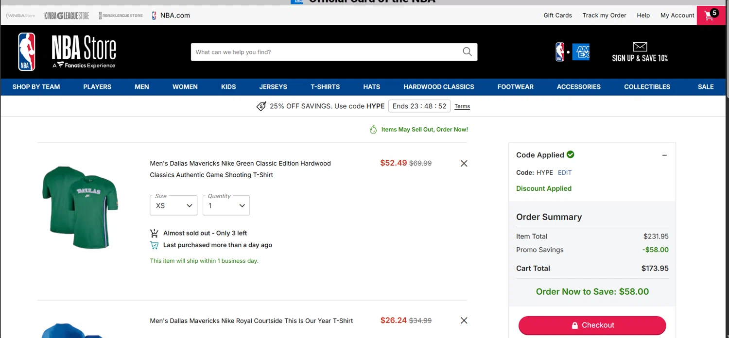 Dallas Mavericks promo code screenshot showing code HYPE applied at Dallas Mavericks checkout page. Uploaded by SimplyCodes community member JasnibelEgu on Feb 25, 2026
