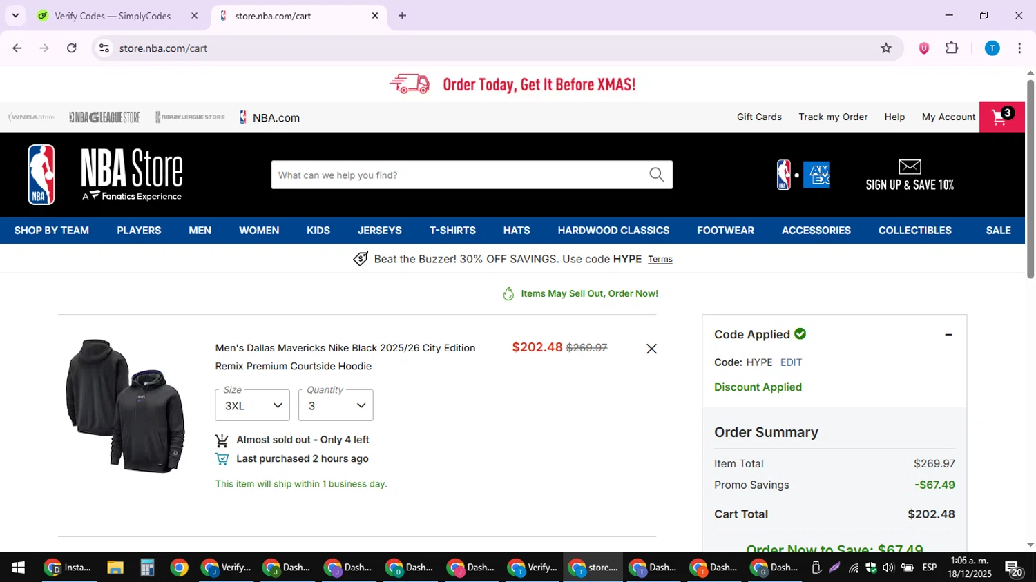 Dallas Mavericks promo code screenshot showing code HYPE applied at Dallas Mavericks checkout page. Uploaded by SimplyCodes community member LuckyPioneer4530 on Dec 18, 2025