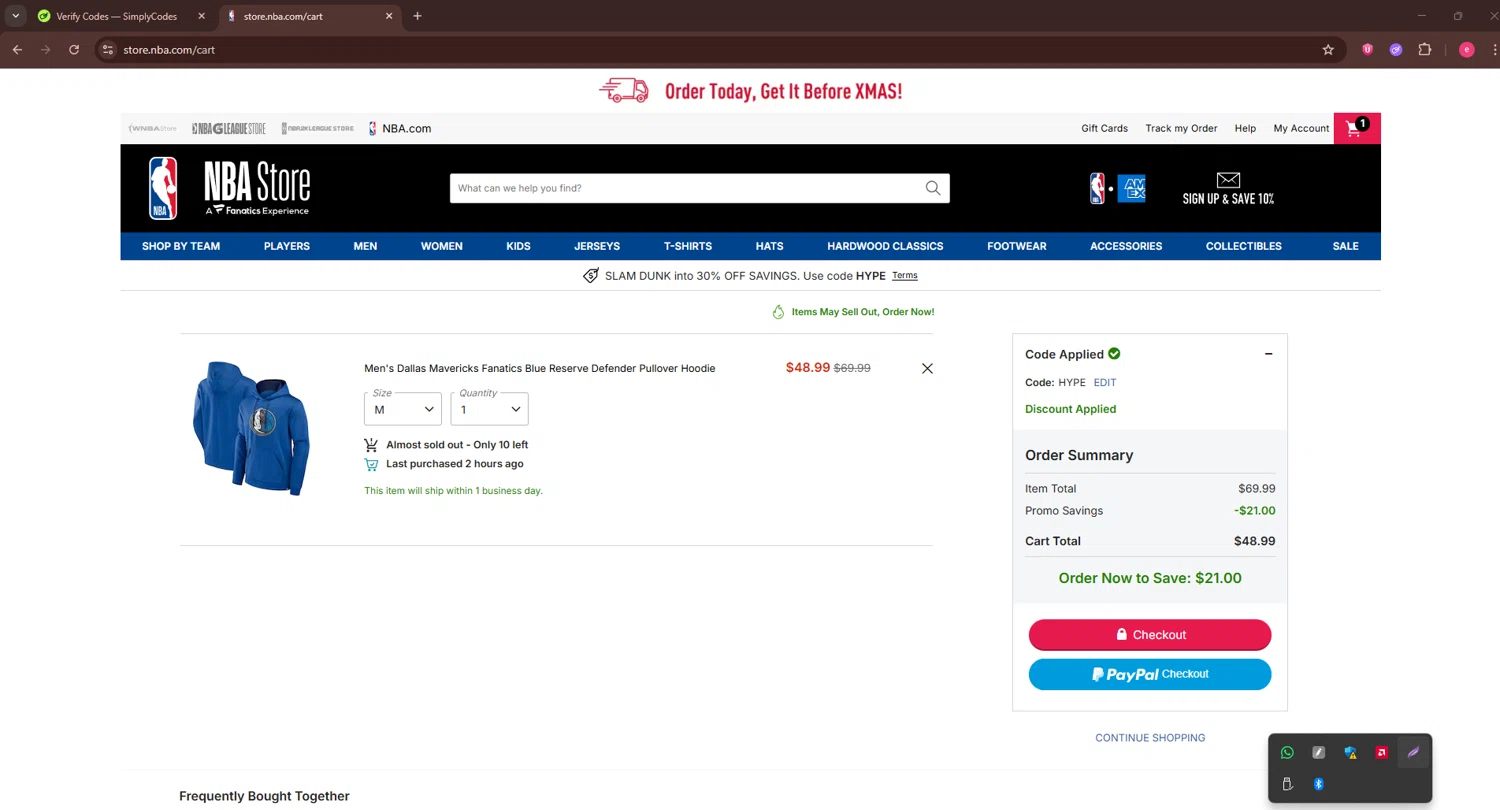 Dallas Mavericks checkout page showing Dallas Mavericks promo code box | Screenshot taken by SimplyCodes community member on Dec 11, 2025