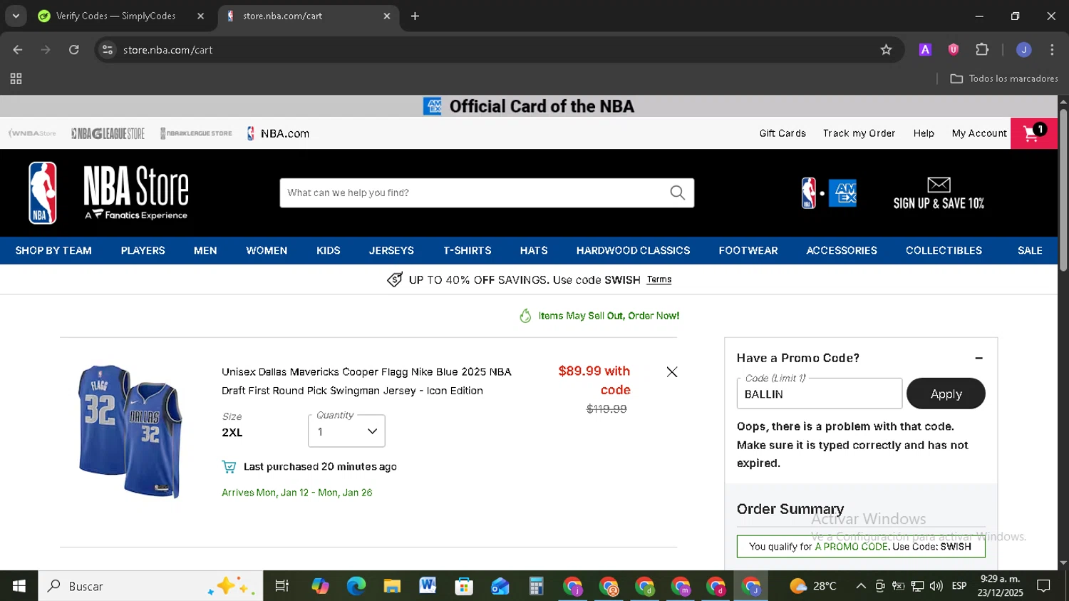 Dallas Mavericks promo code screenshot showing code BALLIN applied at Dallas Mavericks checkout page. Uploaded by SimplyCodes community member EpicSage3474 on Dec 23, 2025