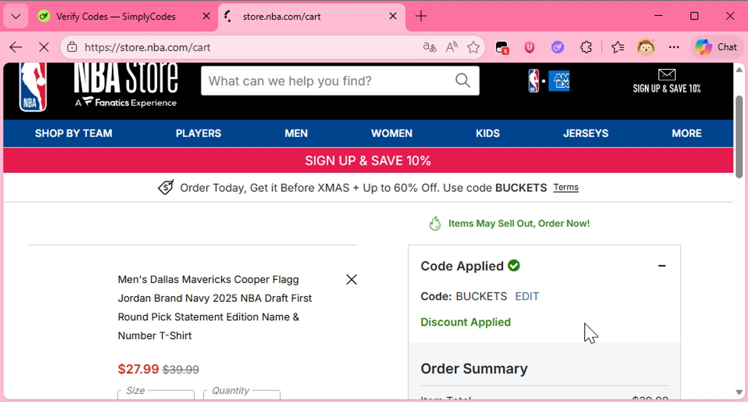 Dallas Mavericks checkout page showing Dallas Mavericks promo code box | Screenshot taken by SimplyCodes community member on Dec 19, 2025