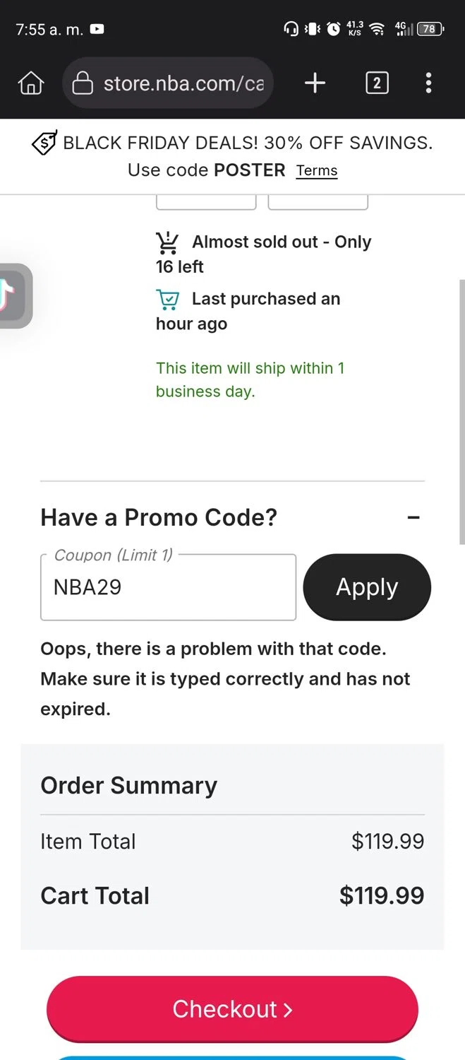Dallas Mavericks promo code screenshot showing code NBA29 applied at Dallas Mavericks checkout page. Uploaded by SimplyCodes community member Diego_Soto on Nov 22, 2025