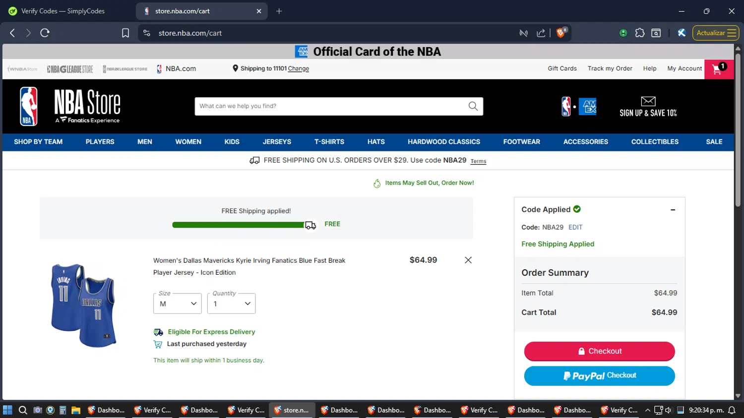 Dallas Mavericks checkout page showing Dallas Mavericks promo code box | Screenshot taken by SimplyCodes community member on Jan 20, 2026