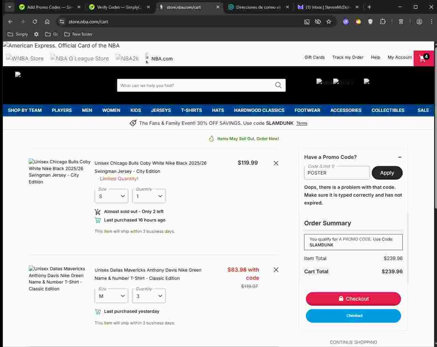 Dallas Mavericks promo code screenshot showing code POSTER applied at Dallas Mavericks checkout page. Uploaded by SimplyCodes community member Deadpool on Dec 3, 2025
