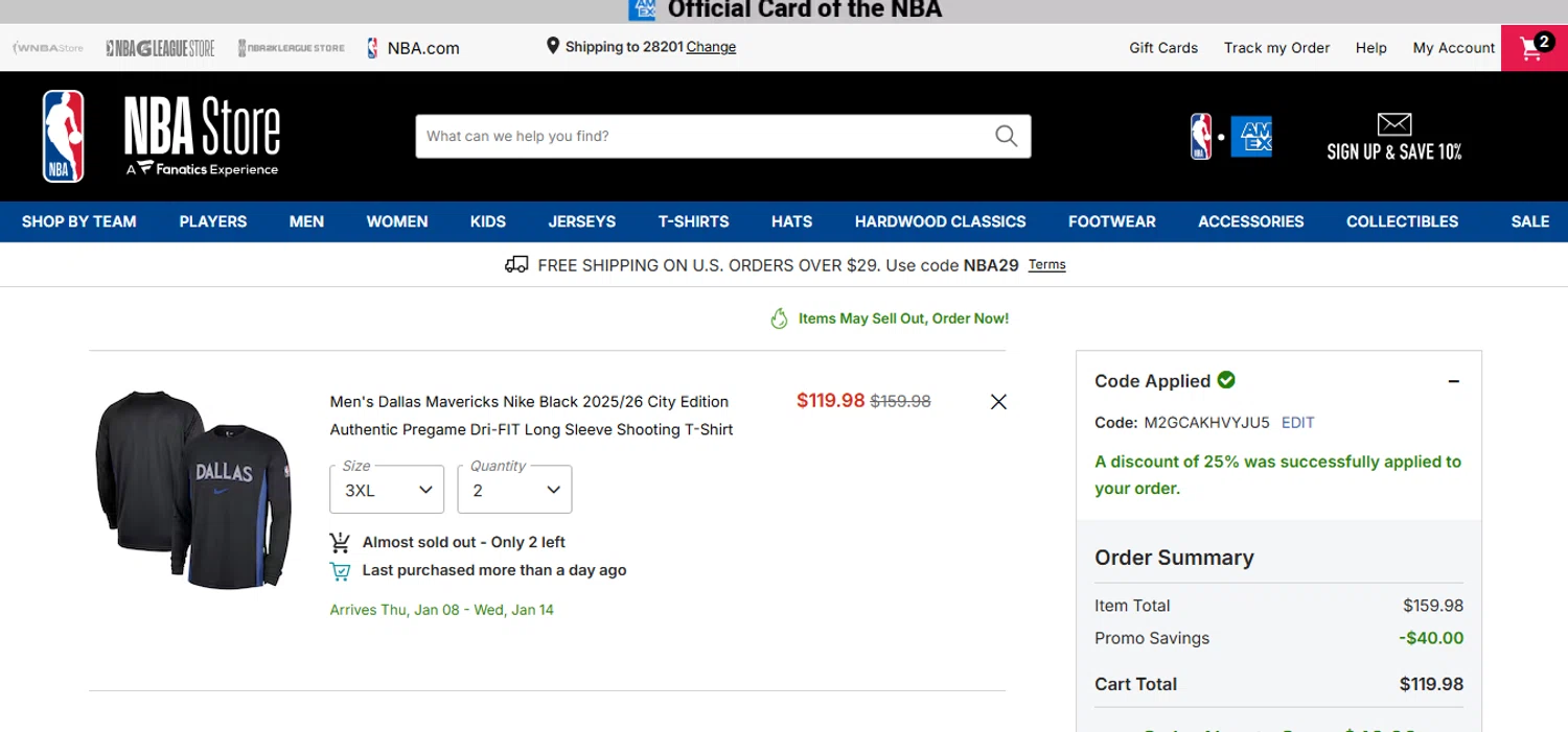 Dallas Mavericks checkout page showing Dallas Mavericks promo code box | Screenshot taken by SimplyCodes community member on Jan 4, 2026