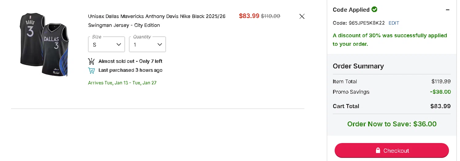 Dallas Mavericks promo code screenshot showing code 965JPE5K8K22 applied at Dallas Mavericks checkout page. Uploaded by SimplyCodes community member OnlywM on Dec 26, 2025
