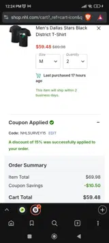 Dallas Stars Shop coupon verification screenshot