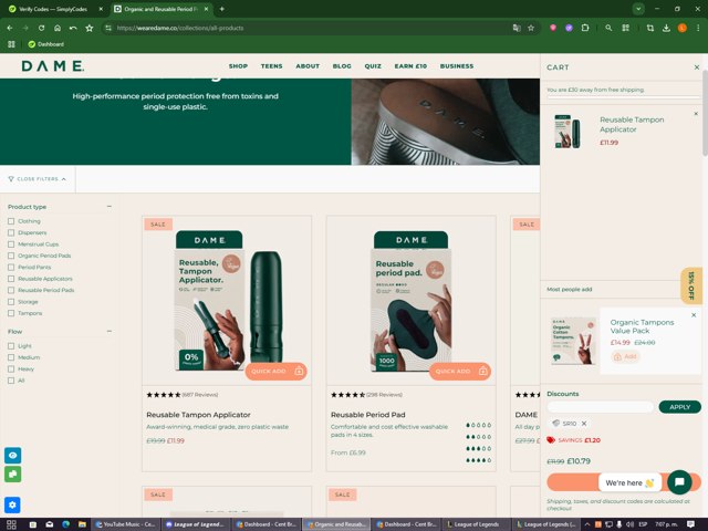 Dame checkout page showing Dame discount code box | Screenshot taken by SimplyCodes community member on Sep 3, 2025