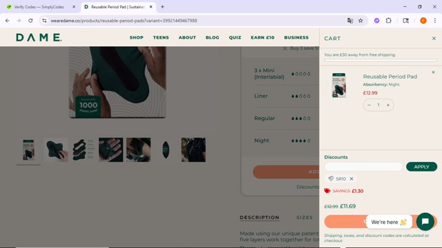 Dame checkout page showing Dame discount code box | Screenshot taken by SimplyCodes community member on Sep 3, 2025