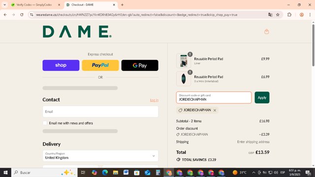 Dame checkout page showing Dame discount code box | Screenshot taken by SimplyCodes community member on Sep 3, 2025