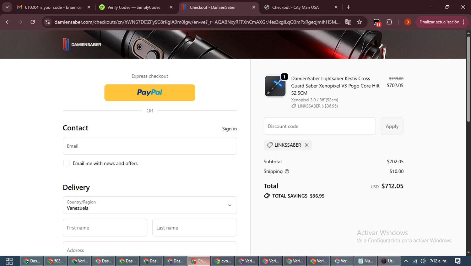 DamienSaber discount code screenshot showing code LINKSSABER applied at DamienSaber checkout page. Uploaded by SimplyCodes community member DiscountExpert6435 on Dec 6, 2025