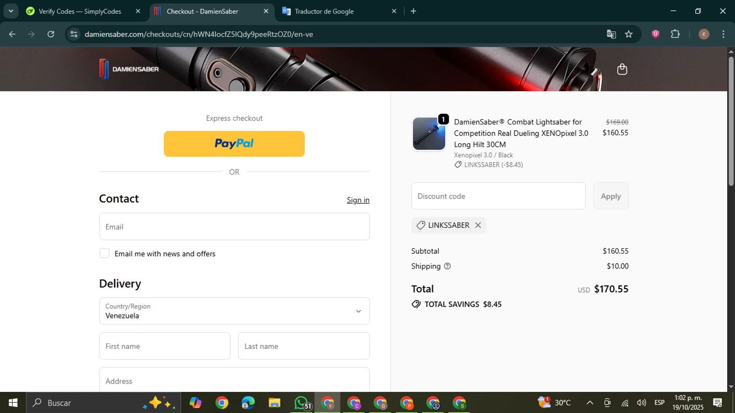 DamienSaber discount code screenshot showing code LINKSSABER applied at DamienSaber checkout page. Uploaded by SimplyCodes community member NobleExpert6497 on Oct 19, 2025