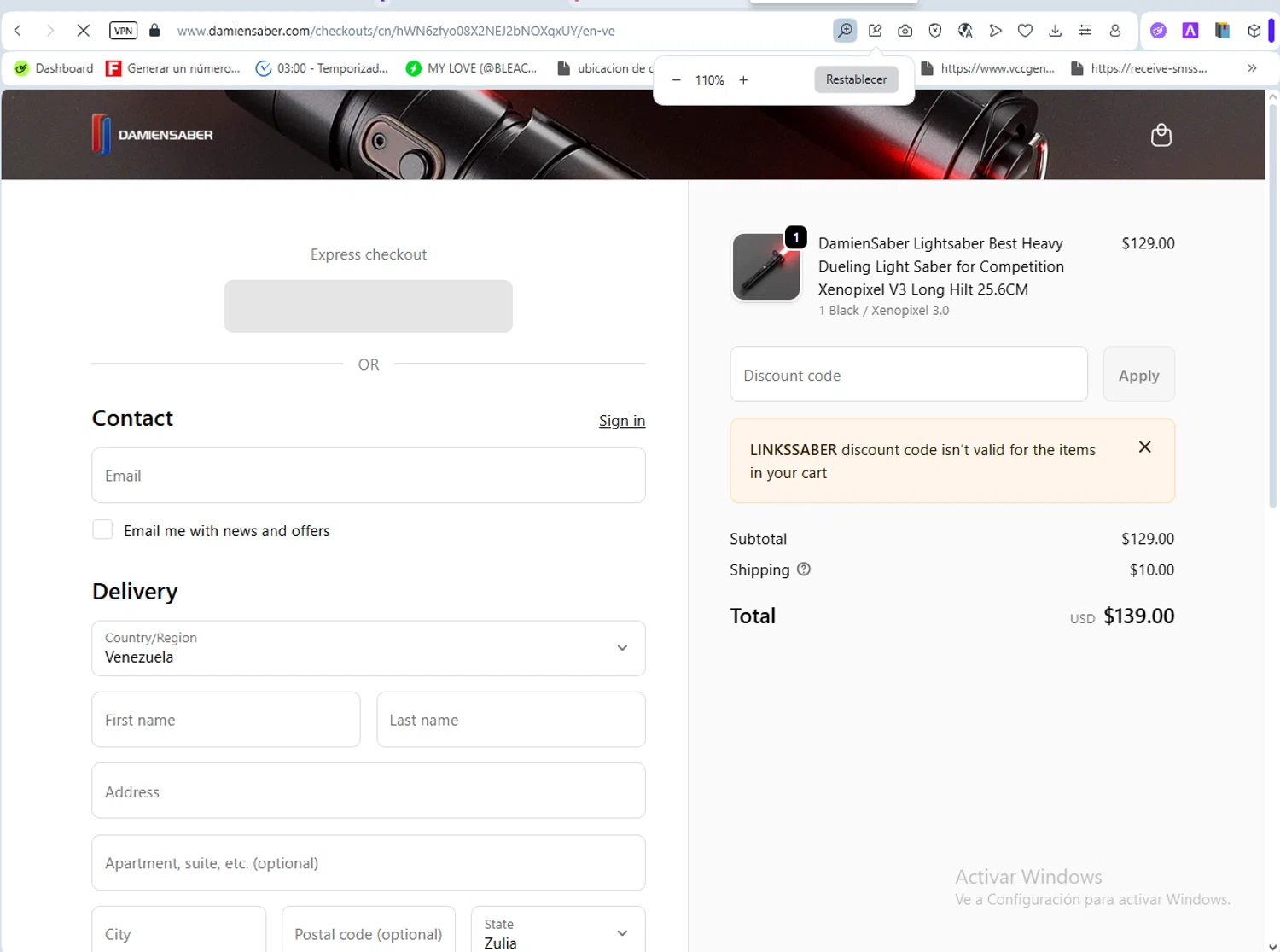 DamienSaber discount code screenshot showing code LINKSSABER applied at DamienSaber checkout page. Uploaded by SimplyCodes community member ScanSaver5253 on Dec 29, 2025
