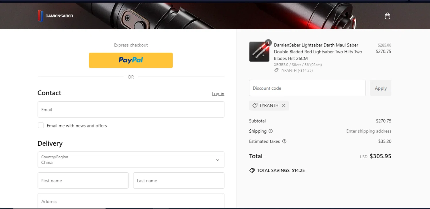 DamienSaber discount code screenshot showing code TYRANTH applied at DamienSaber checkout page. Uploaded by SimplyCodes community member VoucherSleuth8988 on Jan 8, 2025