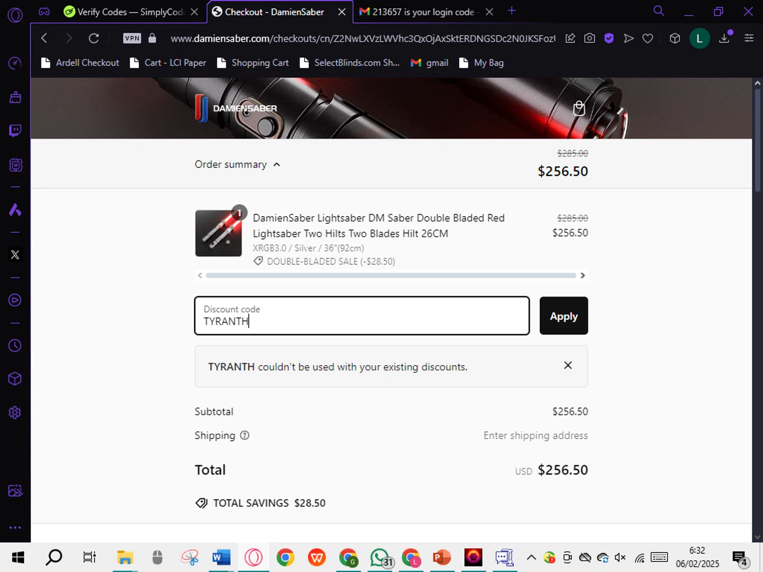 DamienSaber discount code screenshot showing code TYRANTH applied at DamienSaber checkout page. Uploaded by SimplyCodes community member DiscountTiger7720 on Feb 6, 2025