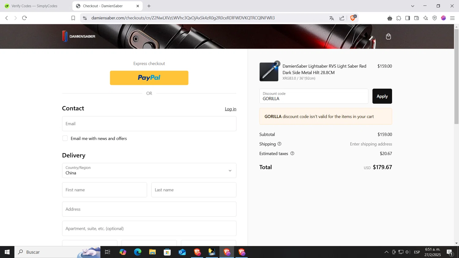 DamienSaber discount code screenshot showing code GORILLA applied at DamienSaber checkout page. Uploaded by SimplyCodes community member AnthonyGTX on Feb 27, 2025