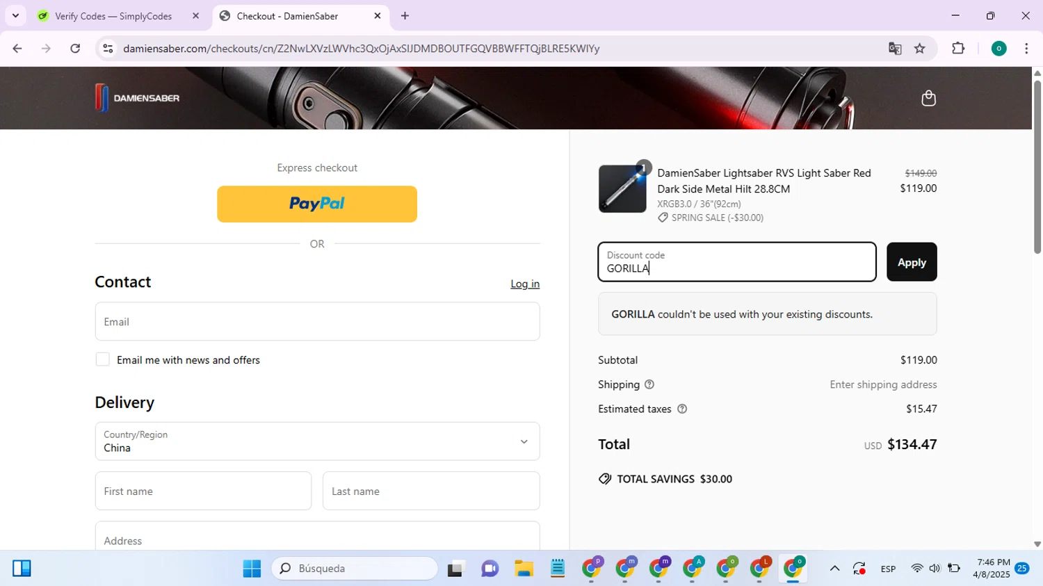 DamienSaber discount code screenshot showing code GORILLA applied at DamienSaber checkout page. Uploaded by SimplyCodes community member SavingsSaver1804 on Apr 9, 2025