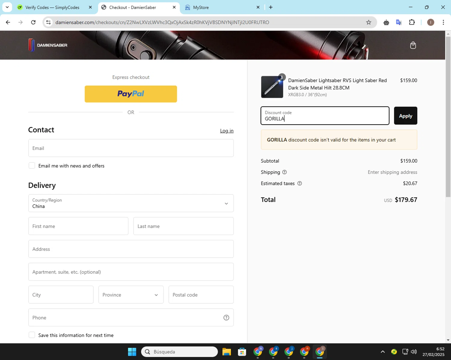 DamienSaber discount code screenshot showing code GORILLA applied at DamienSaber checkout page. Uploaded by SimplyCodes community member CashSleuth106 on Feb 27, 2025