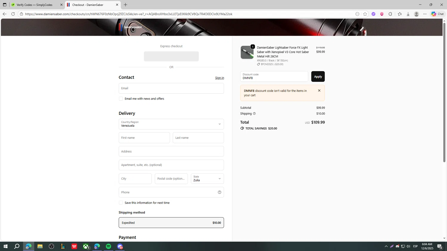 DamienSaber discount code screenshot showing code DMNFB applied at DamienSaber checkout page. Uploaded by SimplyCodes community member fjkdjkldsf on Dec 6, 2025