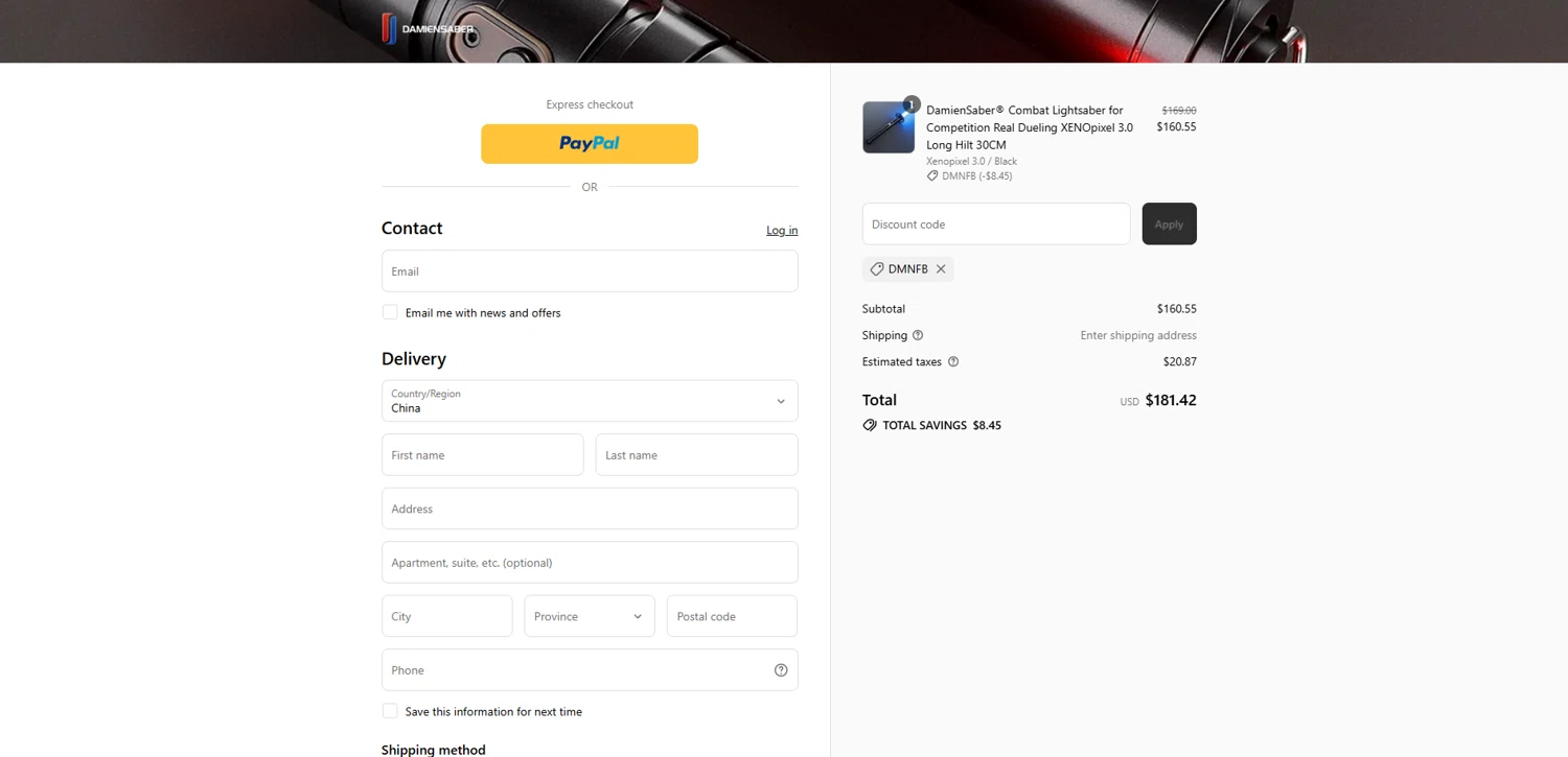 DamienSaber discount code screenshot showing code DMNFB applied at DamienSaber checkout page. Uploaded by SimplyCodes community member Elosox1 on Jul 31, 2025