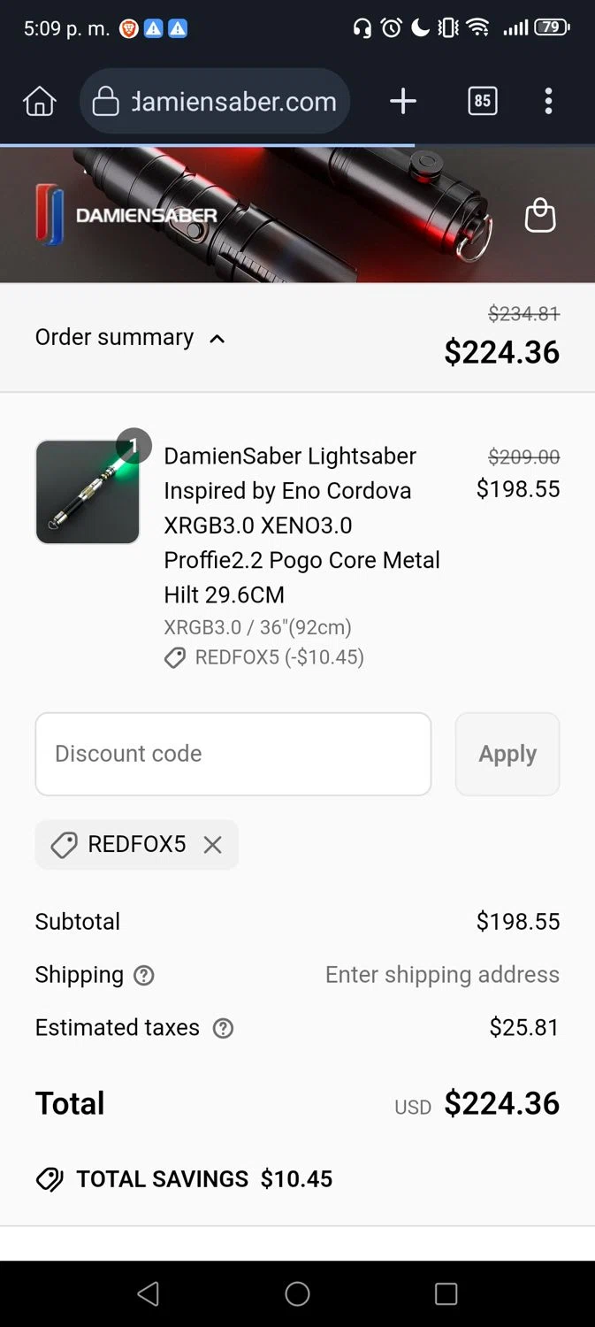 DamienSaber discount code screenshot showing code REDFOX5 applied at DamienSaber checkout page. Uploaded by SimplyCodes community member Divino1 on May 30, 2025