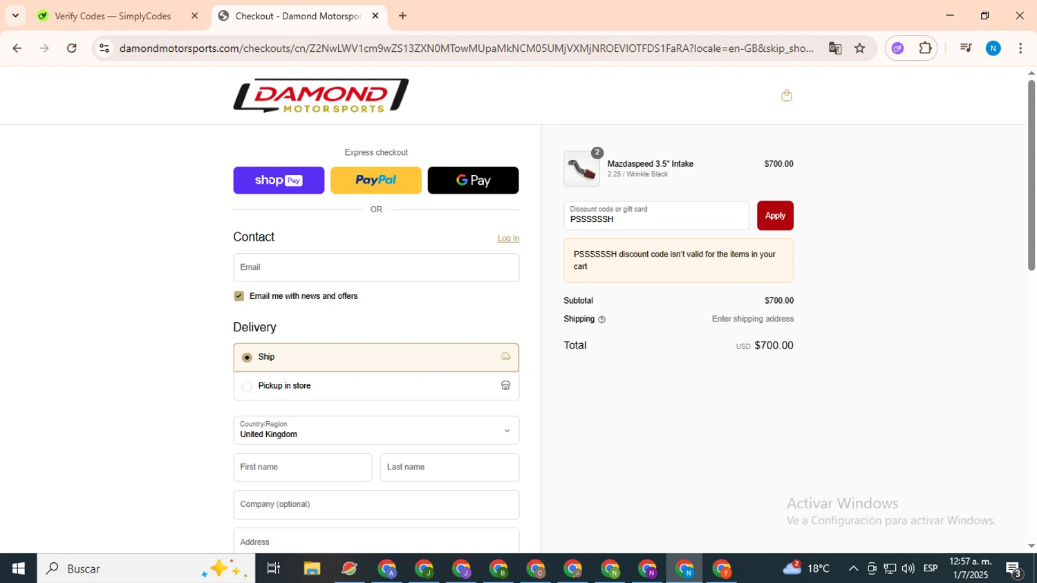 Damond Motorsports discount code screenshot showing code PSSSSSSH applied at Damond Motorsports checkout page. Uploaded by SimplyCodes community member CoinHawk678 on Jul 1, 2025