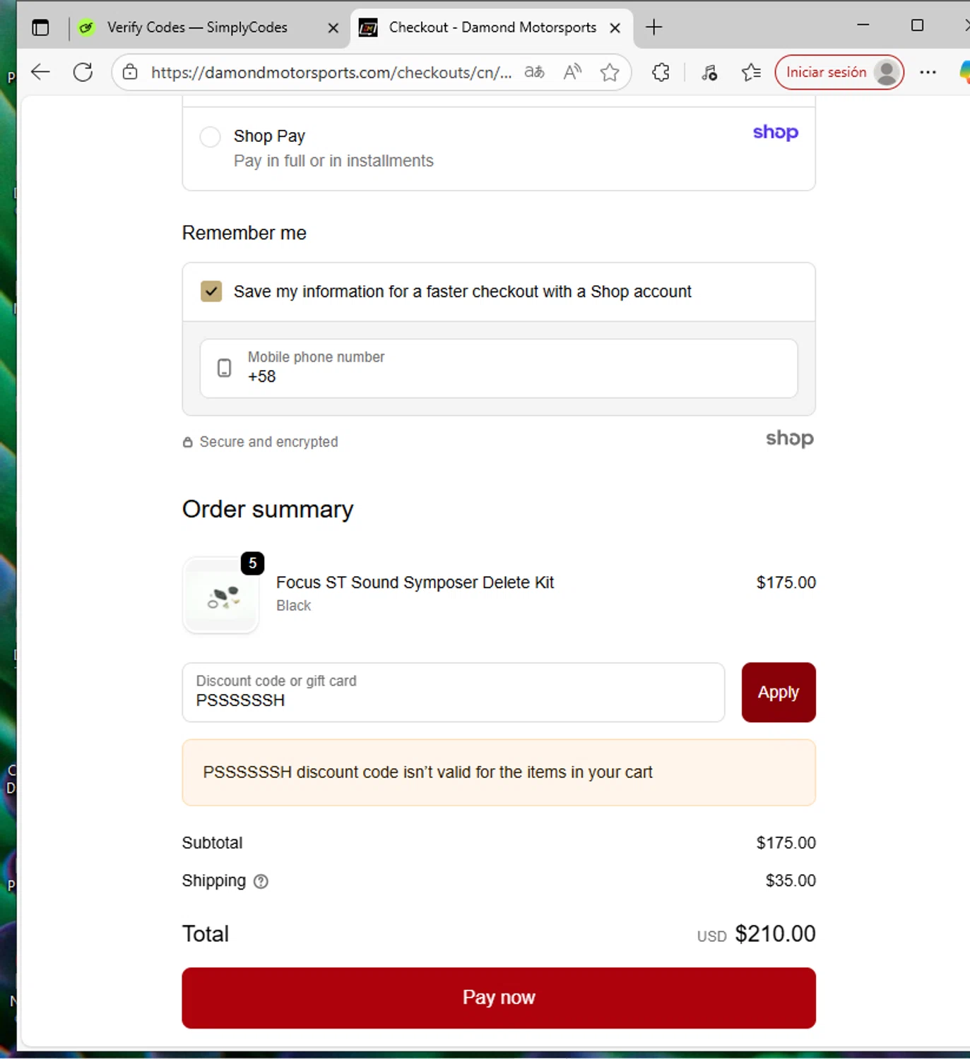 Damond Motorsports discount code screenshot showing code PSSSSSSH applied at Damond Motorsports checkout page. Uploaded by SimplyCodes community member SavvyWizard7346 on Sep 21, 2025