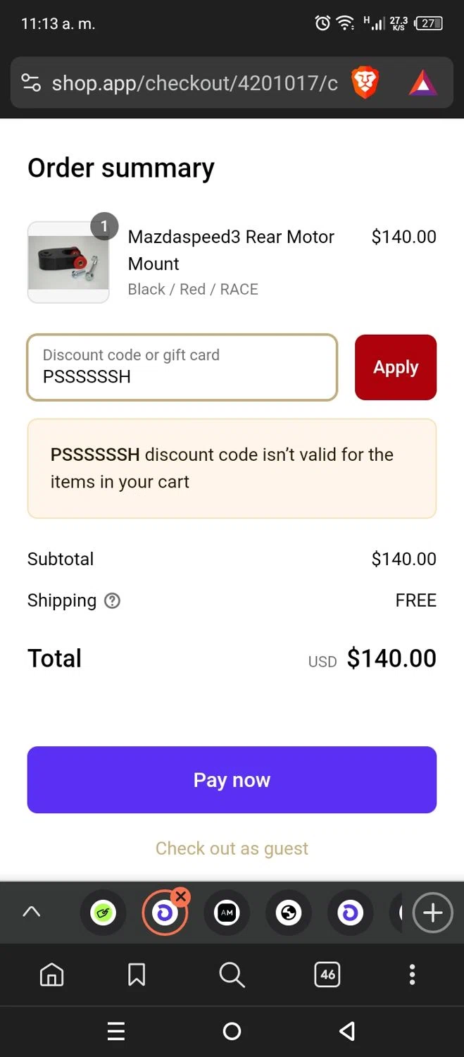 Damond Motorsports discount code screenshot showing code PSSSSSSH applied at Damond Motorsports checkout page. Uploaded by SimplyCodes community member FrugalSpotter7217 on Mar 21, 2025